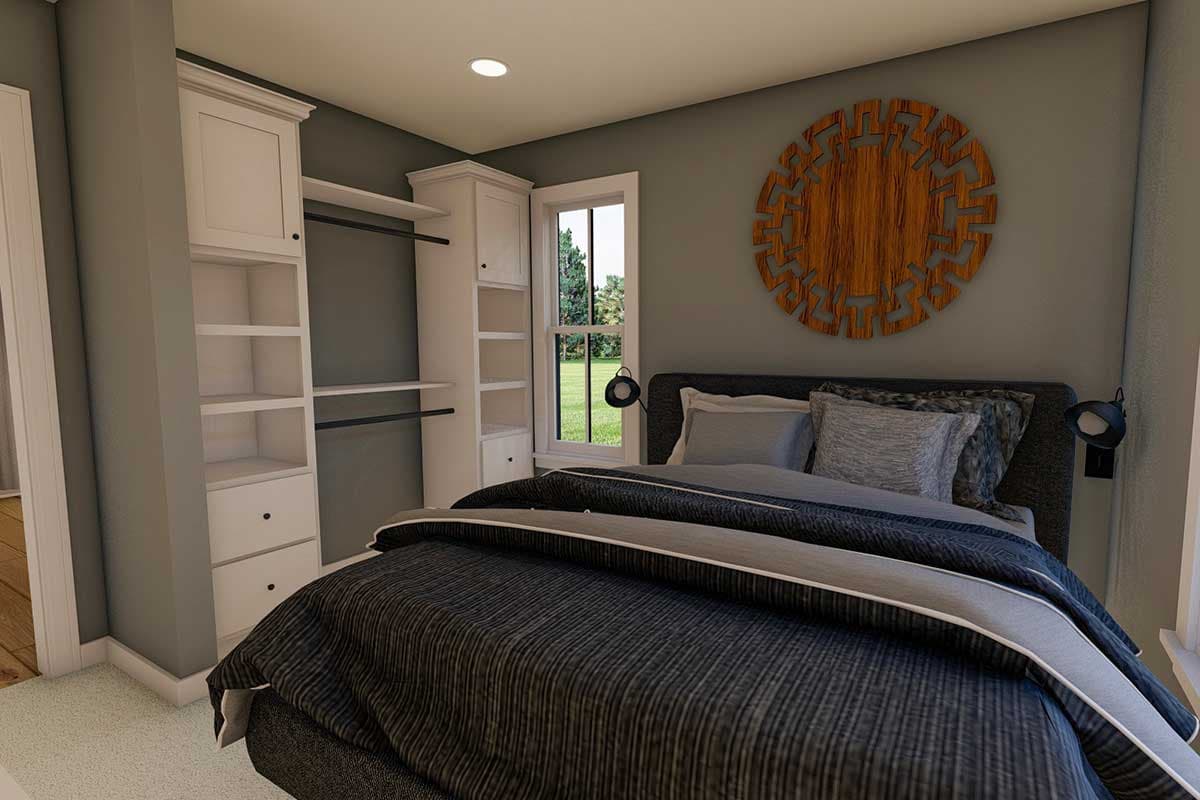 Bedroom rendering with built-in closet system, queen bed, window view, and wall art.