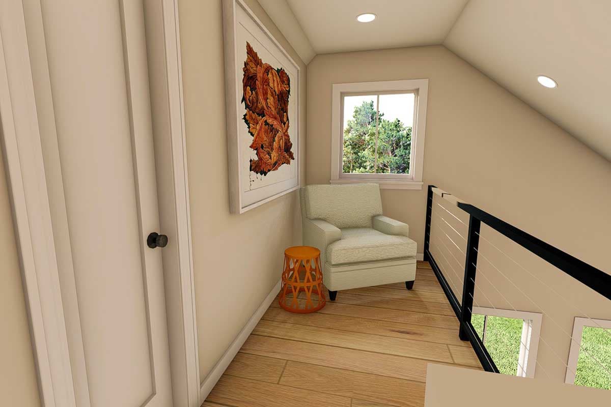 Interior rendering of a small landing with a chair, an orange side table, a window, and a railing with cable infill.