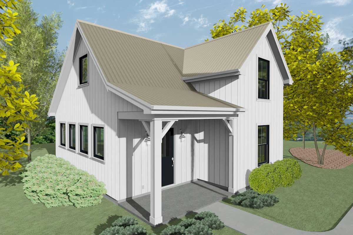 Modern Farmhouse house plan exterior, two stories, with a metal roof, gabled dormers, and a covered front porch with exposed rafter tails.
