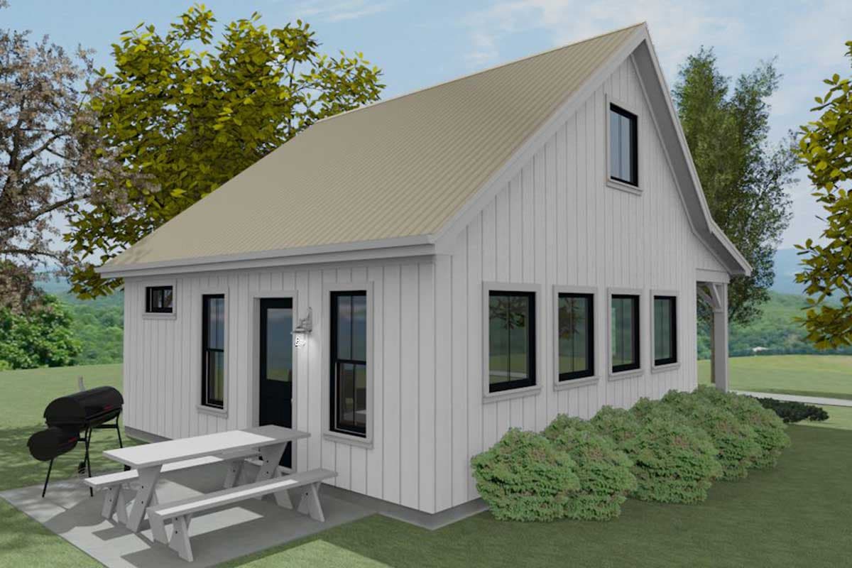 Modern Farmhouse house plan exterior with vertical siding, gabled roof, and a covered entry porch.