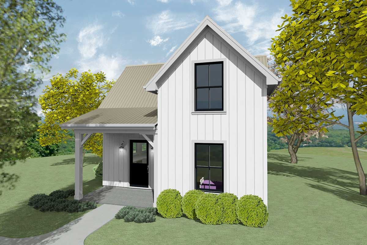 House plan exterior. Two-story Modern Farmhouse with a gable roof, covered porch, and board-and-batten siding. Features two upper level windows.