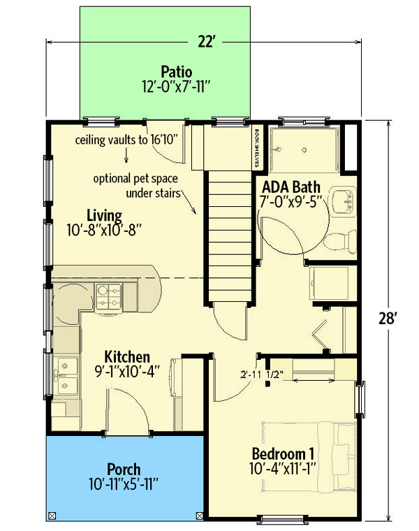 Plan 430815SNG: 2-Bed Cottage with Wheelchair Accessibility - 800 Sq Ft - Floor Plan - Main Level - Cabin, Cottage, Country, Rustic, Vacation