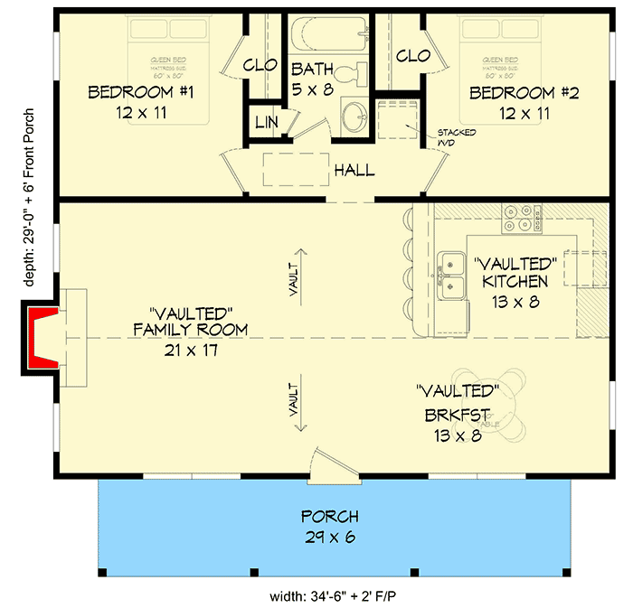 Plan 68867VR: Expanded 2-Bed Country Ranch Home Plan - Floor Plan - Main Level - Country, Ranch