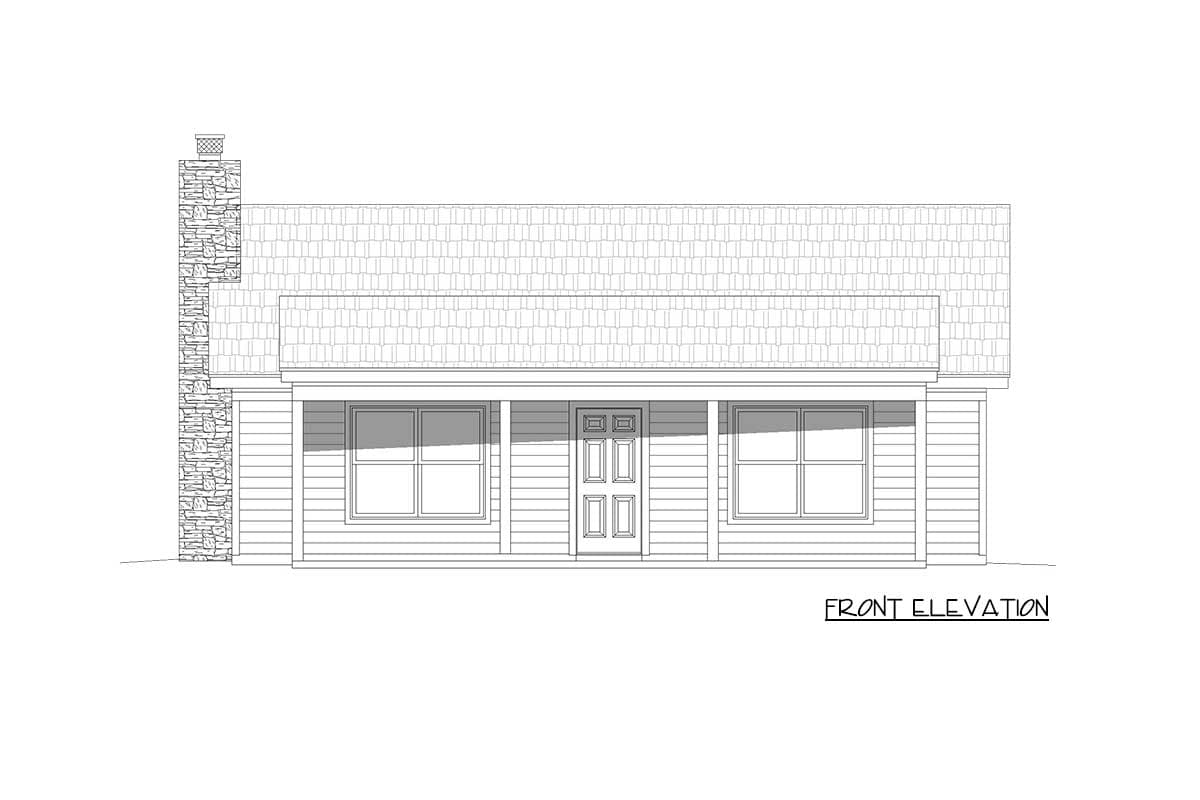 Front elevation drawing of a one-story house plan with a covered porch, double door, and stone chimney.
