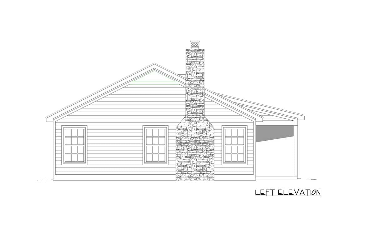 Left elevation house plan: one story, horizontal siding, stone chimney, two windows, open porch.