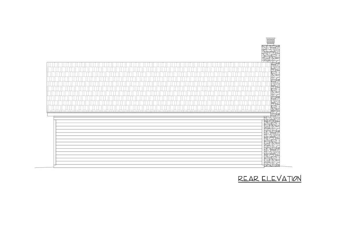 Rear elevation drawing showing horizontal siding, a shingled hip roof, and a stone chimney.