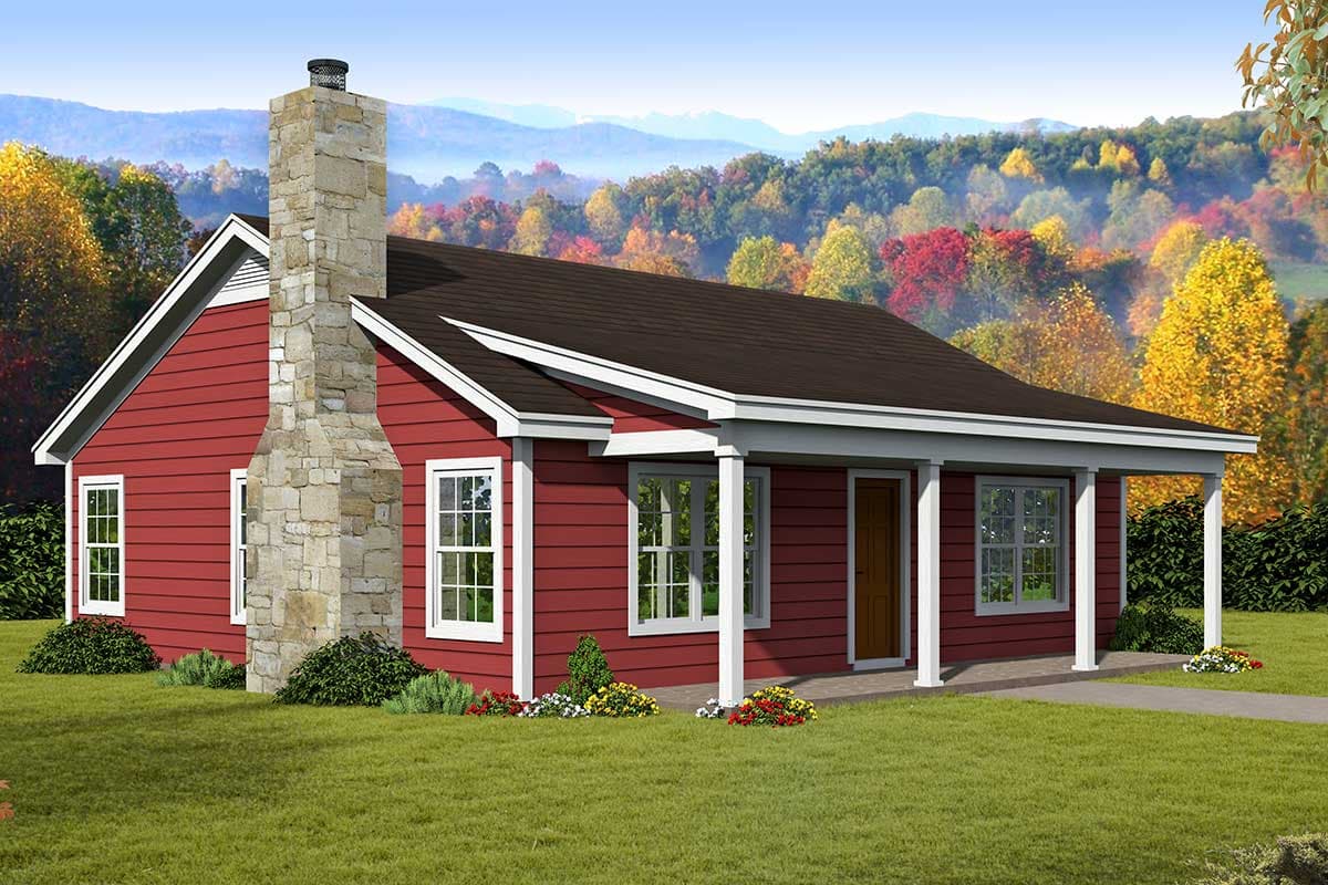 House plan exterior with one story, featuring a porch with columns, gabled roof, and stone chimney.