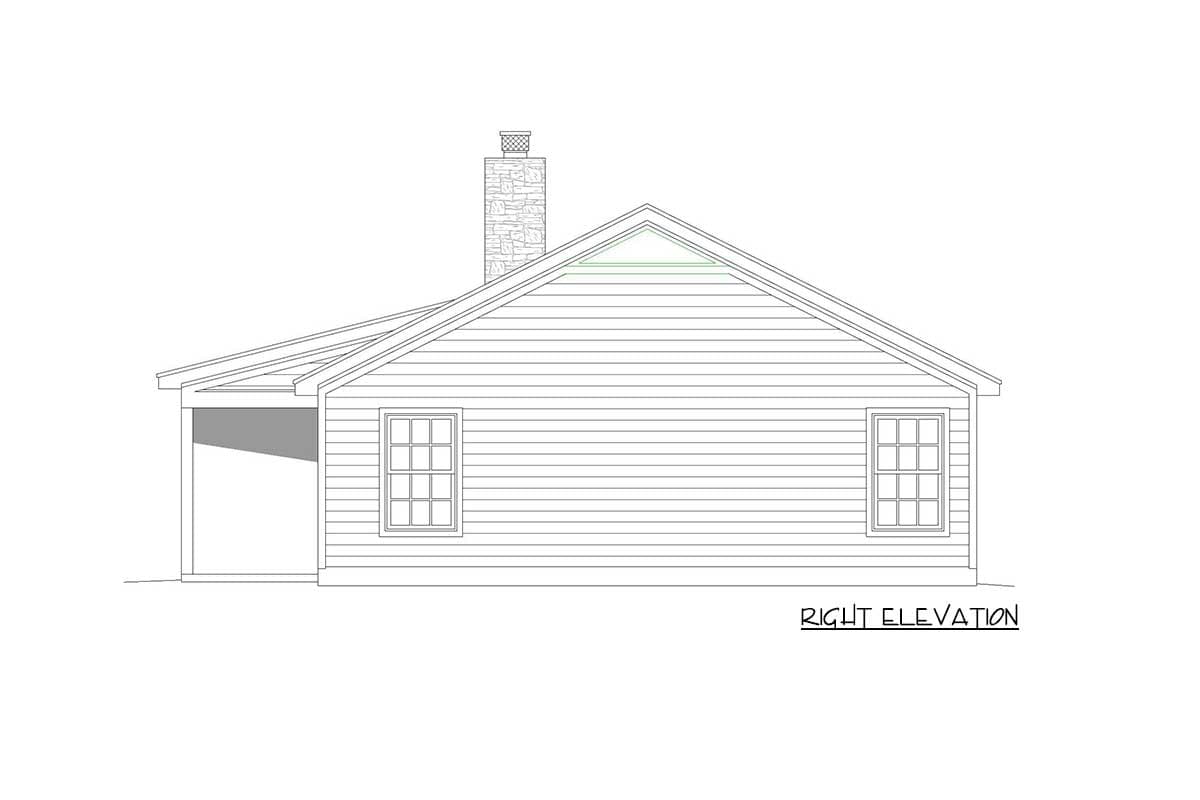 Right elevation drawing of a house plan with a gable roof, chimney, and porch.