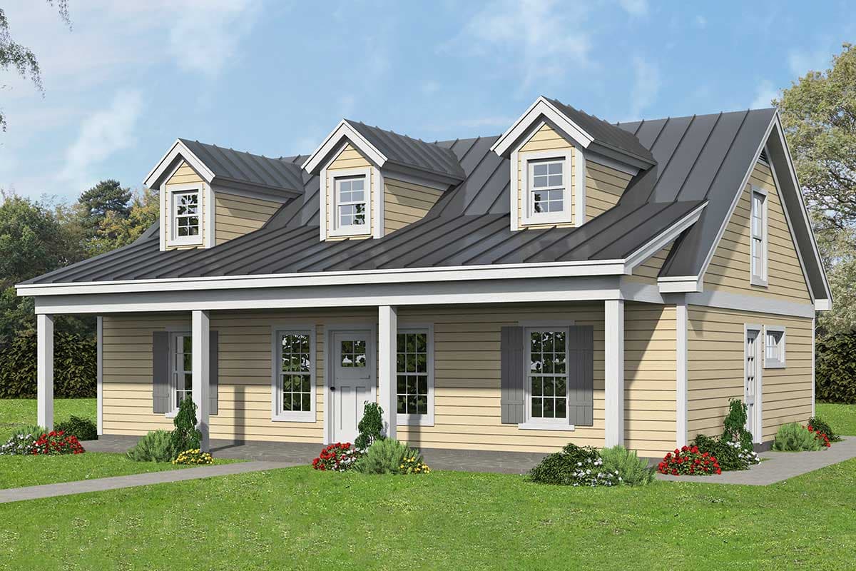 House plan exterior. One-story Cottage style with a front porch, dormers, and a gabled roof.