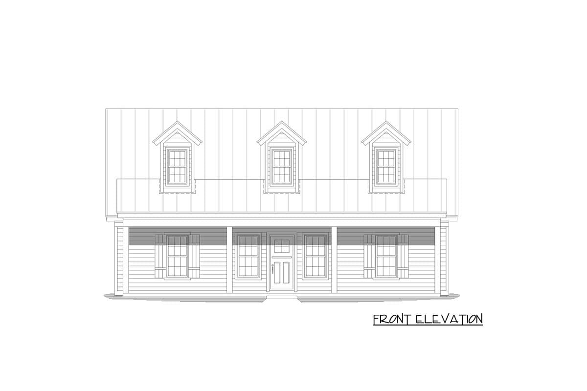 Front elevation house plan with a wide front porch, central door, multiple windows, and three dormer windows.