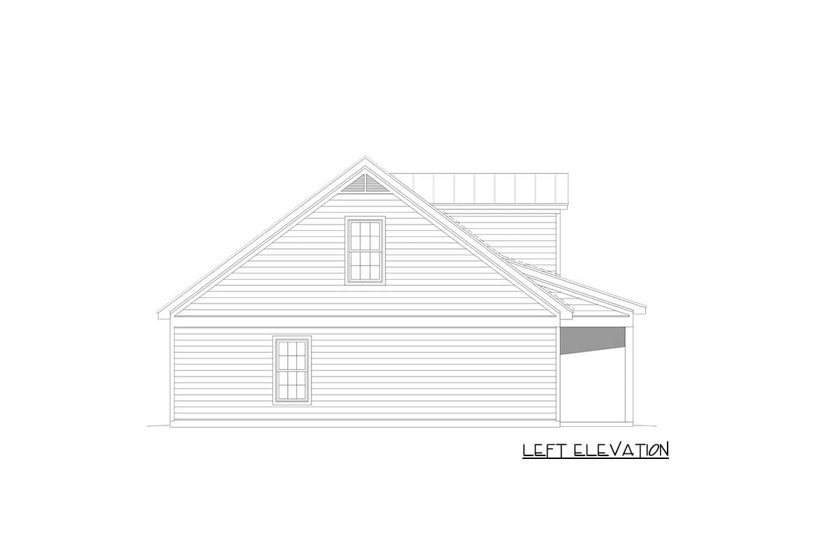 Left elevation drawing of a house plan with two stories, horizontal siding, a gable roof, and two windows. Includes an attached covered area.
