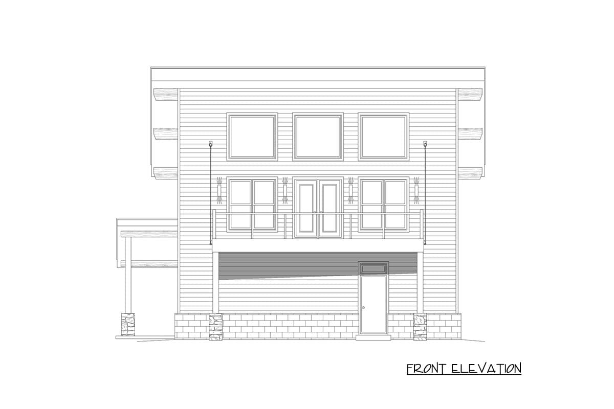 Front elevation of a two-story house plan featuring a balcony, multiple windows, and a brick foundation.
