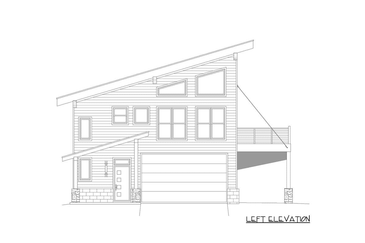 Left elevation drawing of a two-story house plan featuring a prominent sloped roof, multiple gables, a two-car garage, and a deck.