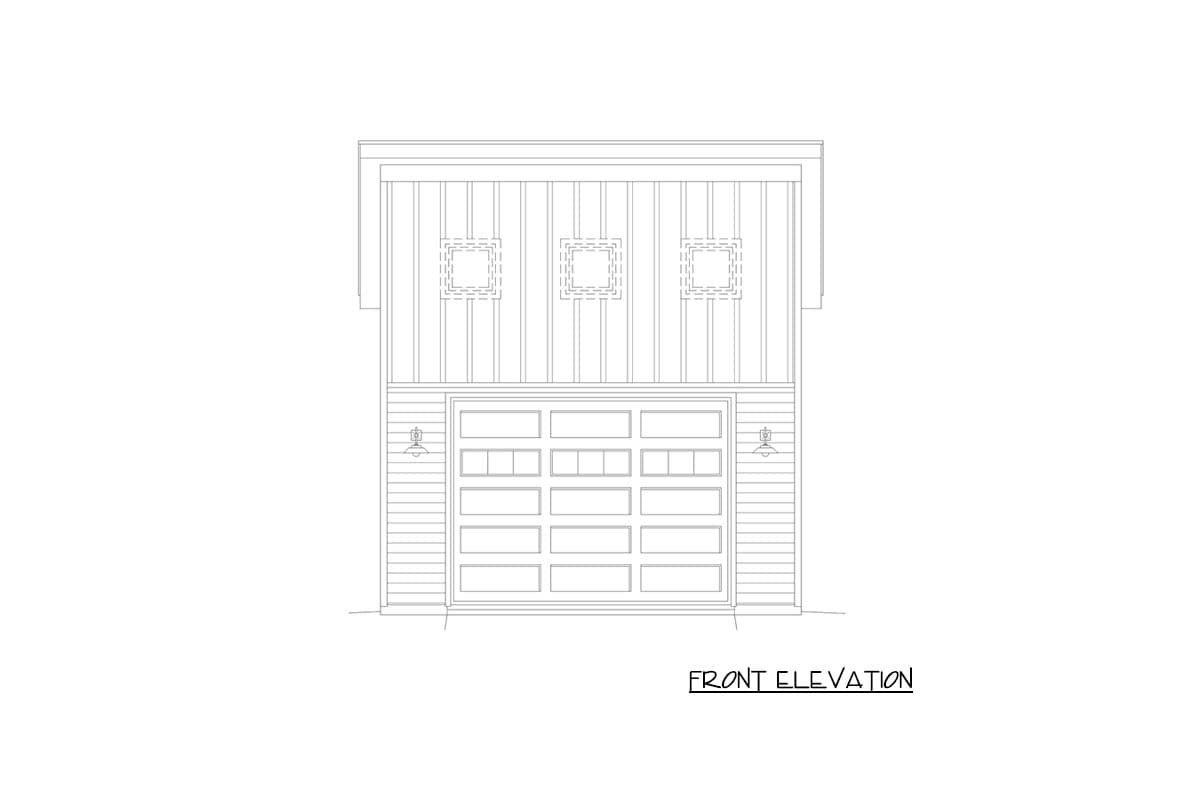 Front elevation drawing of a house with a two-car garage door, three square windows above, and two wall sconces.