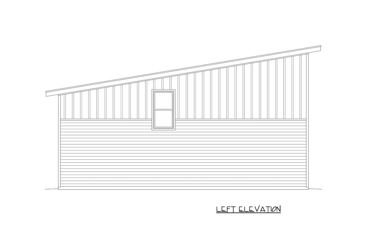 Left elevation drawing of a house plan showing horizontal siding and a single window below a slanted roofline.