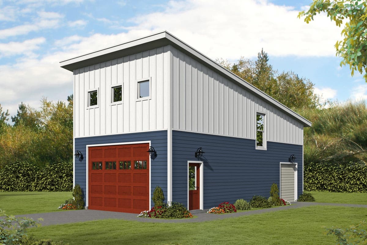 House plan exterior. Two-story structure with a shed roof, a garage with a red door, and a contrasting upper level. Includes small windows.