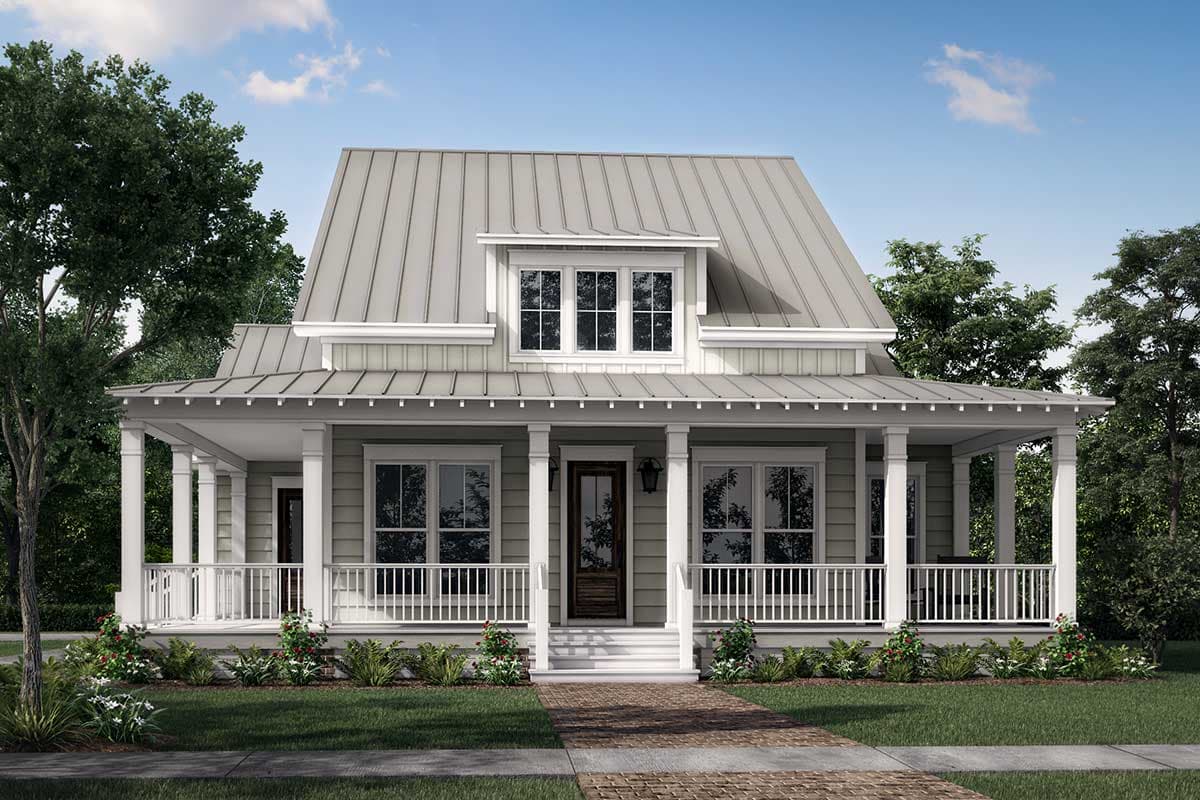 Cottage style house plan exterior with wraparound porch, metal roof, dormer, and siding.