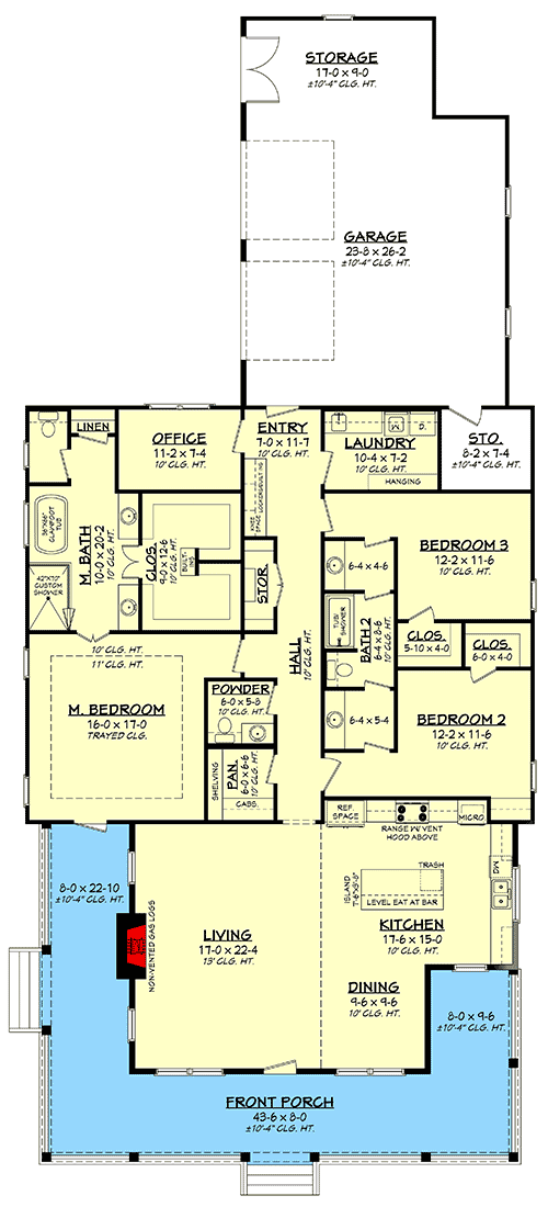 Plan 51878HZ: 3-Bedroom Modern Farmhouse with Wraparound Porch and a Home Office - Floor Plan - Main Level - Country, Farmhouse, Modern Farmhouse, Southern, Traditional