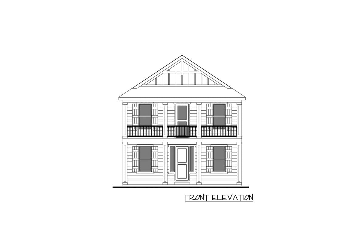 Front elevation drawing of a two-story house plan with a prominent gable, double front balconies, and symmetrically placed windows.