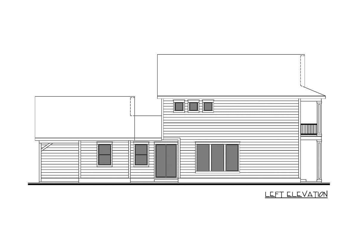 Left elevation of a two-story house plan with horizontal siding, multiple windows, and a second-story balcony.