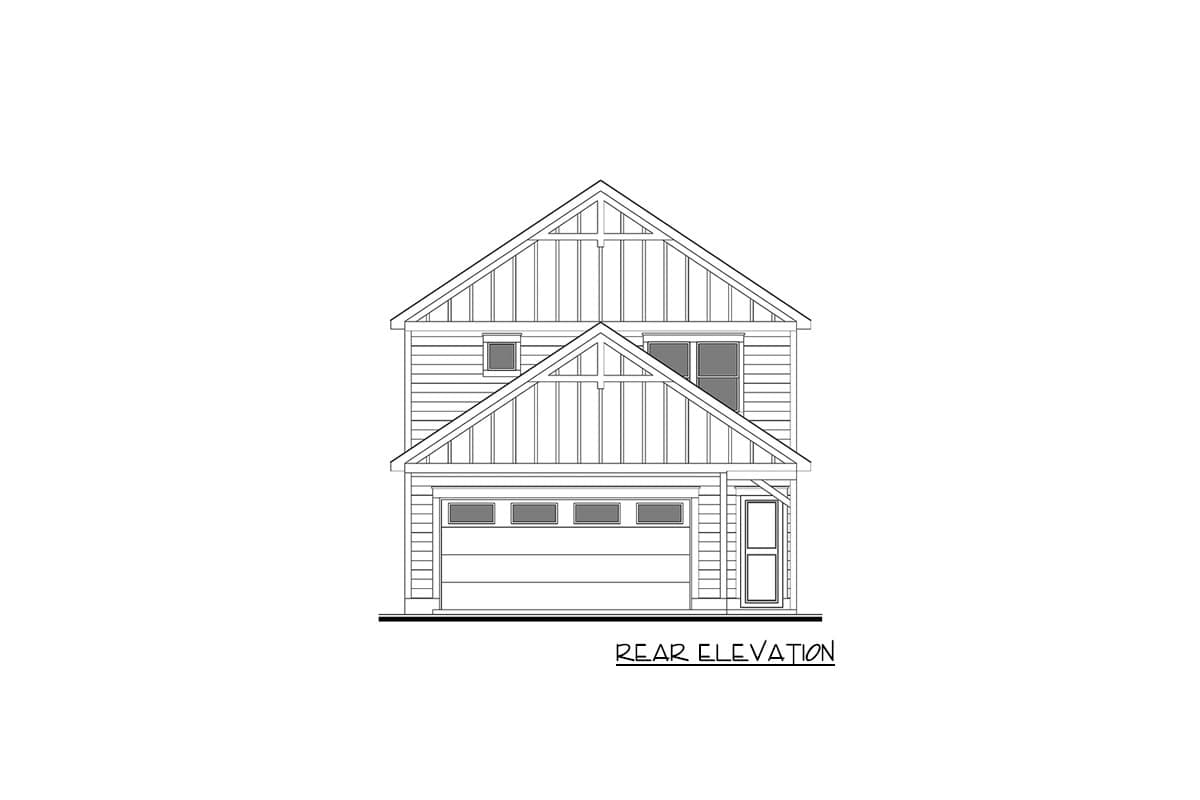 Rear elevation drawing of a two-story house plan with a two-car garage, multiple gables, and board-and-batten siding.