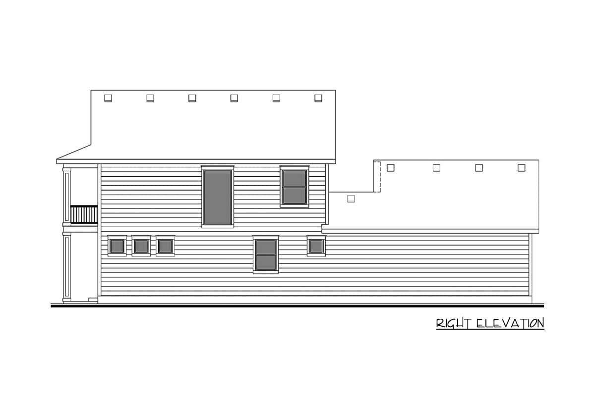 Right elevation drawing of a two-story house plan, showing lap siding, a balcony, and multiple windows.