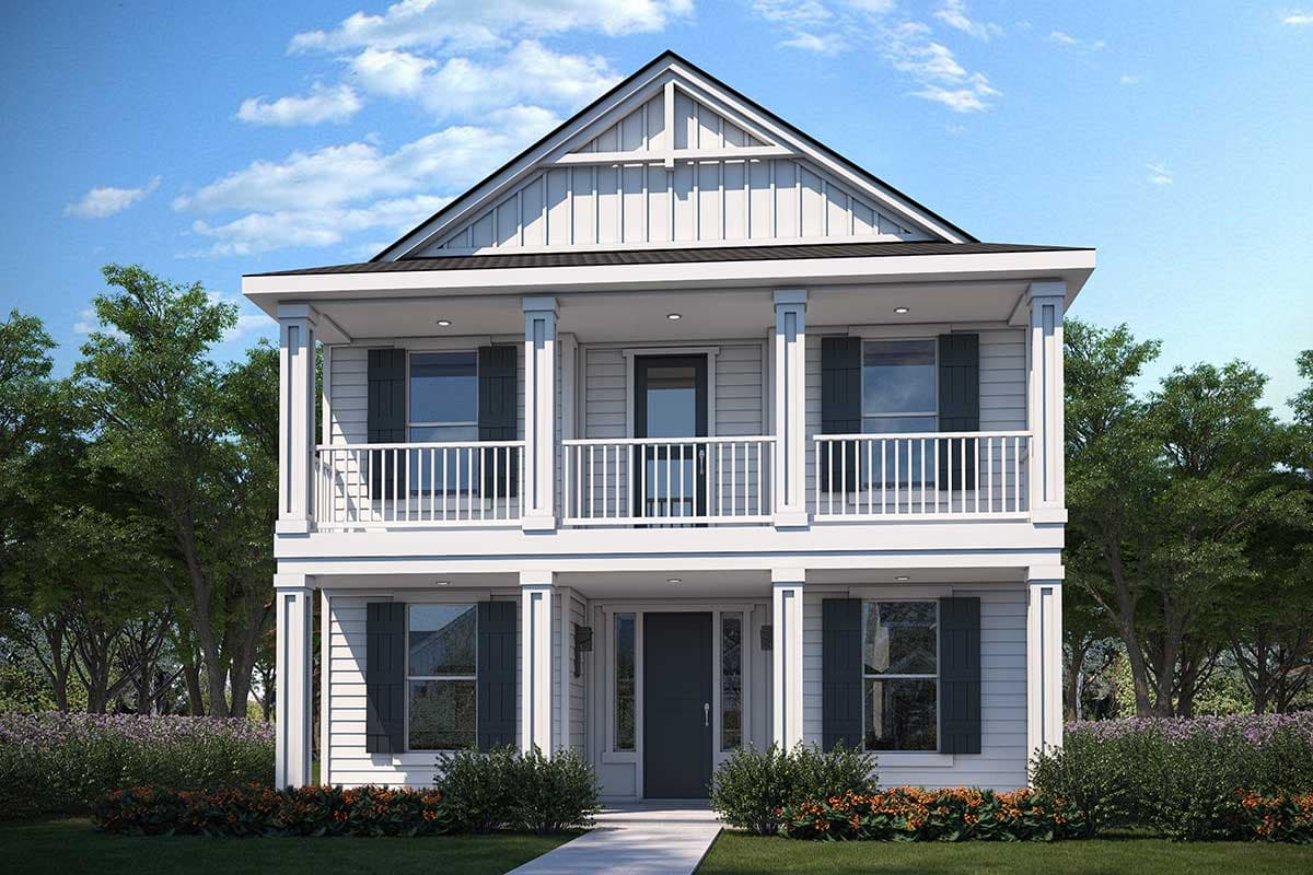 House plan exterior. Two-story home with a gabled roof and a front porch. Features include white siding, shutters, and a central entry door.