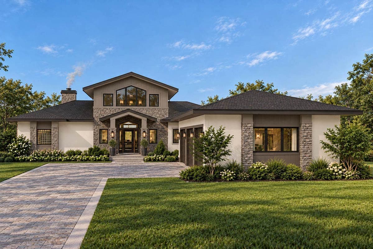 House plan exterior: Modern ranch with stone accents, gabled roof over entrance, and side-facing garage.
