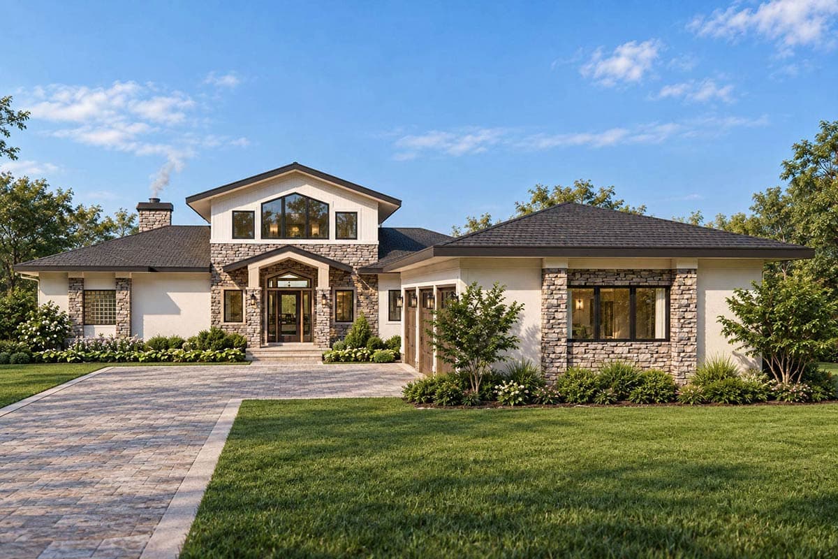 Modern house plan exterior with stone accents, large windows, a prominent stone chimney, and a triple-bay garage.