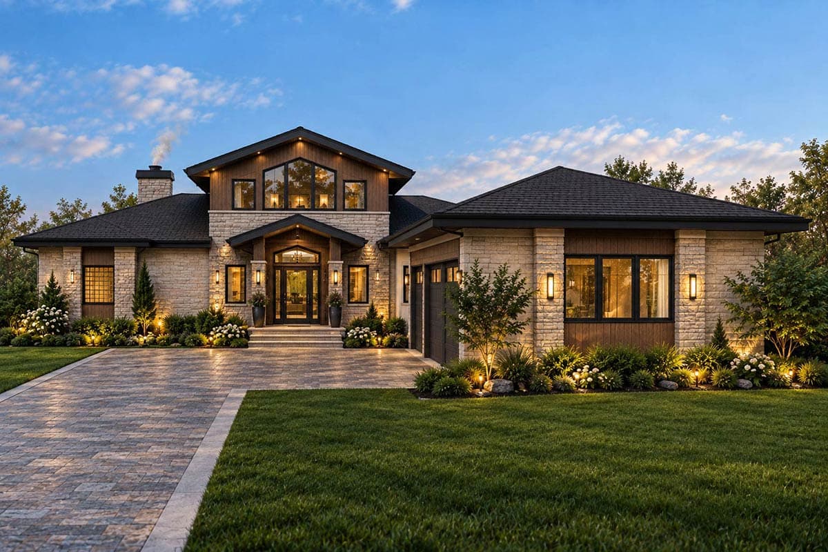 House plan exterior features a multi-level roof, stone chimney, covered porch, and a three-car garage.