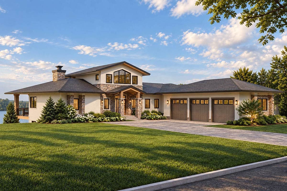 Modern house plan exterior, two stories, with stone chimney, covered balconies, and attached garage.