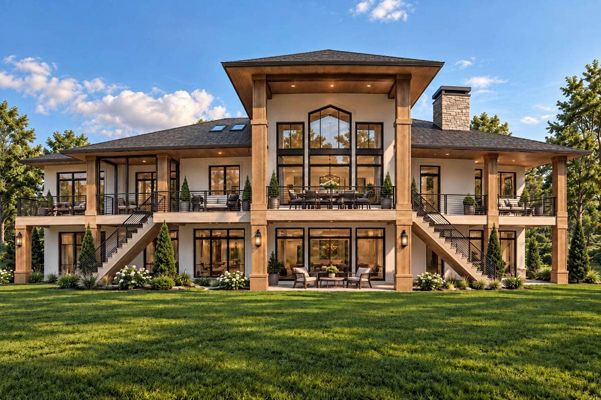 Modern house plan exterior, two stories, with a flat roof, extensive balconies, and a prominent stone chimney.