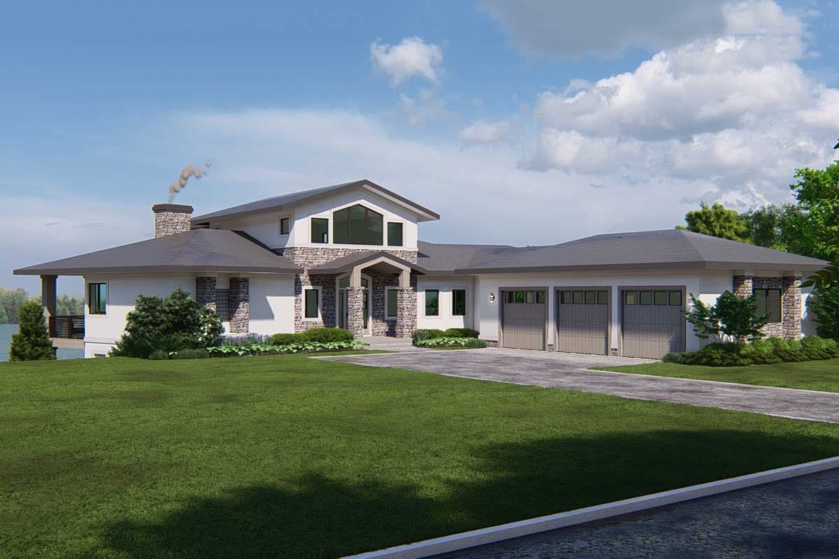 Modern house plan exterior with stone accents, large windows, a prominent stone chimney, and a triple-bay garage.