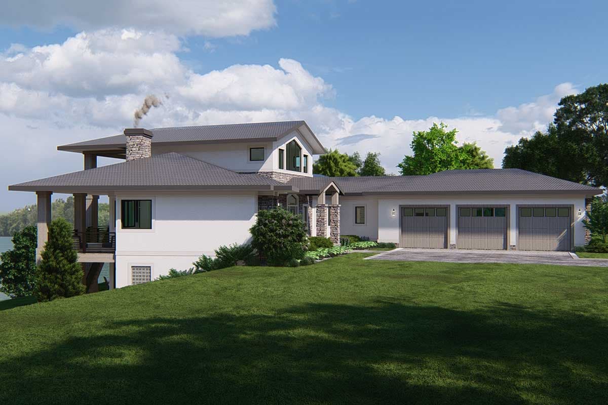 House plan exterior features a multi-level roof, stone chimney, covered porch, and a three-car garage.