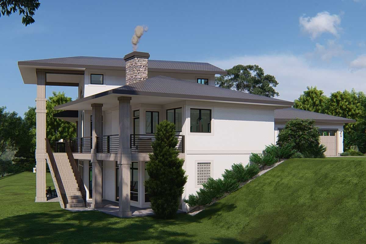 Modern house plan exterior, two stories, with stone chimney, covered balconies, and attached garage.