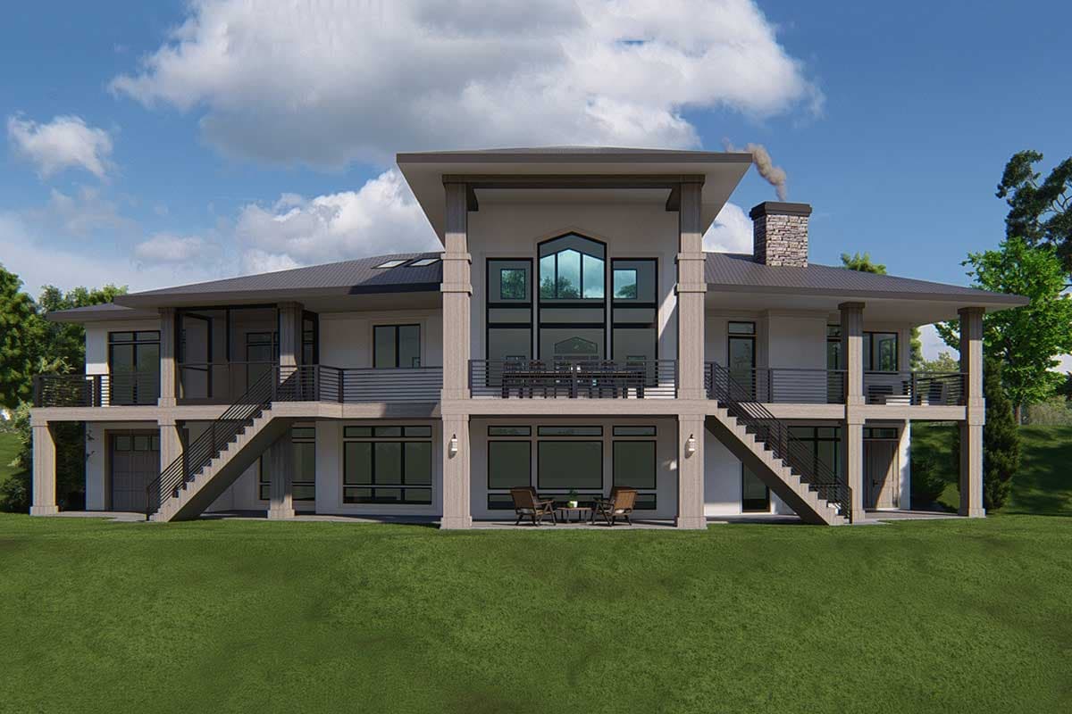 Modern house plan exterior, two stories, with a flat roof, extensive balconies, and a prominent stone chimney.