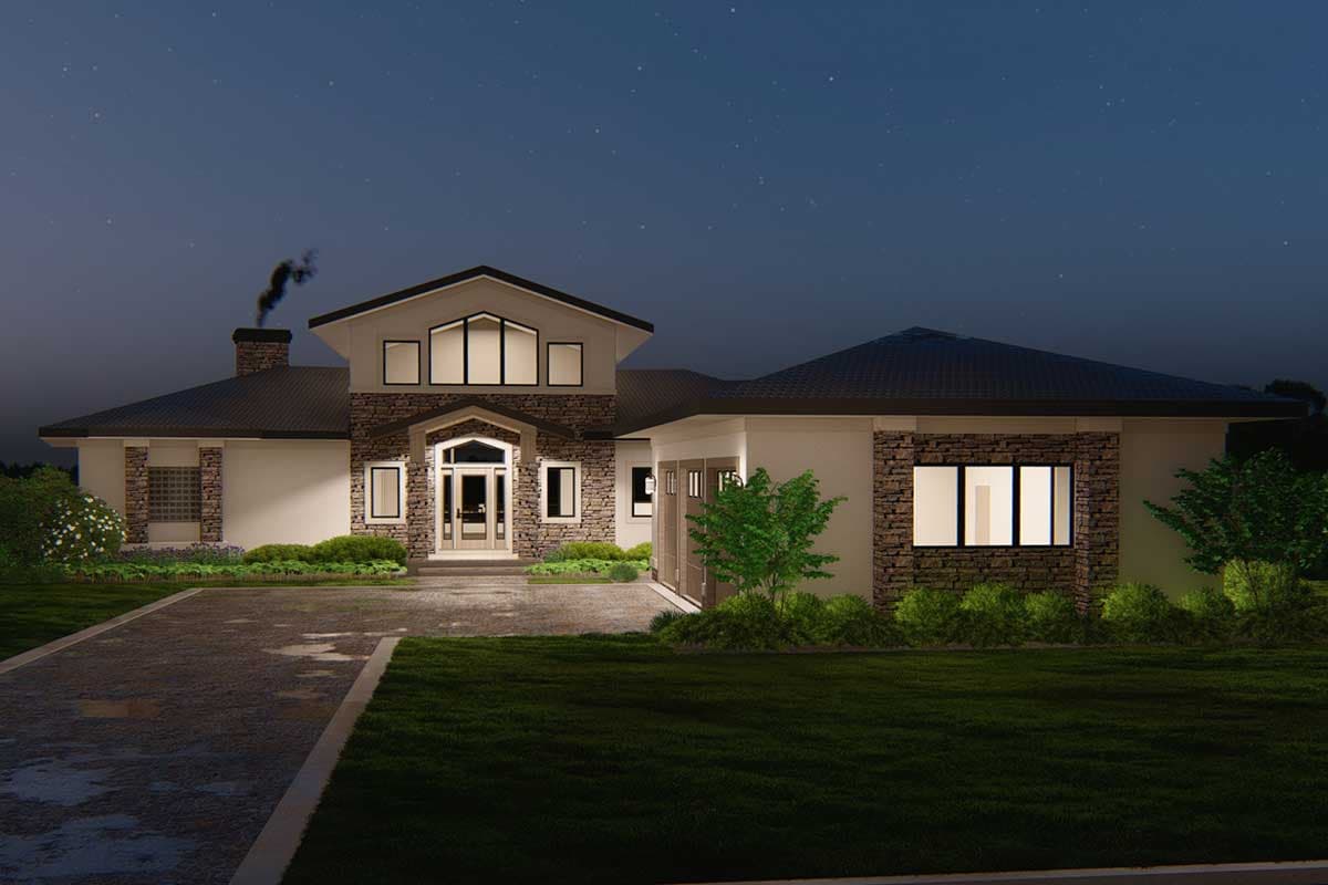 House plan exterior: Modern ranch with stone accents, gabled roof over entrance, and side-facing garage.