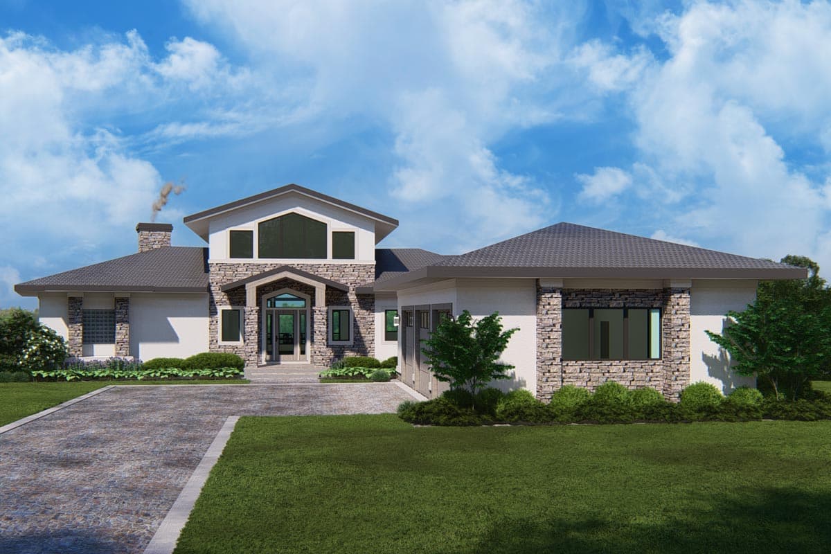 House plan exterior. Two-story Modern house with stone accents, a gable roof, and an attached garage. Features include a covered entry and chimney.