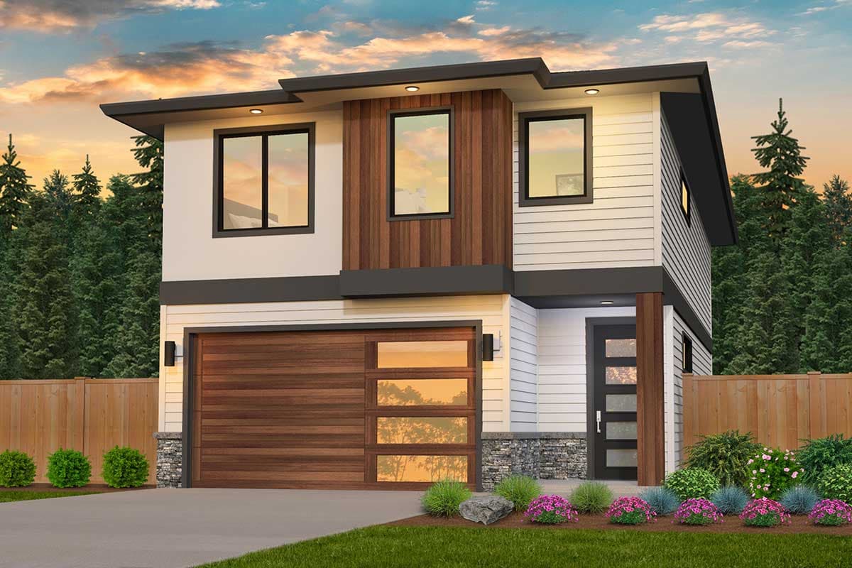 House plan exterior in a modern style with two stories. Features include a flat roof, wood garage door, and accent siding.