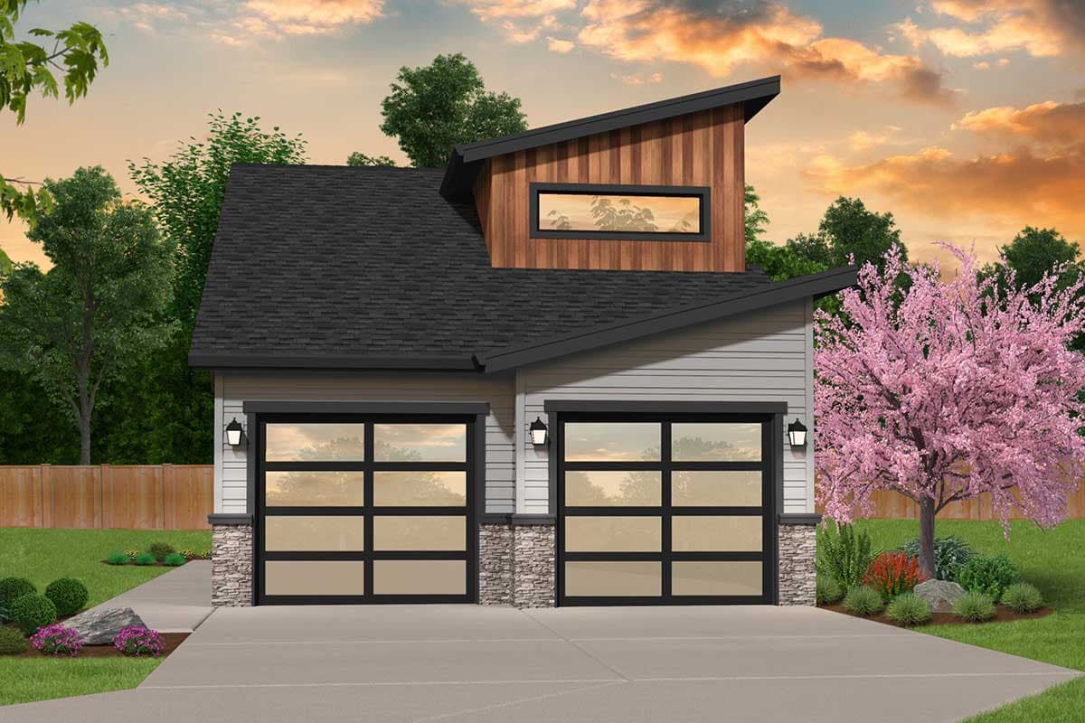 House plan exterior with modern design. Features include a shed roof, a wood-clad upper section with a horizontal window, and two garage doors.