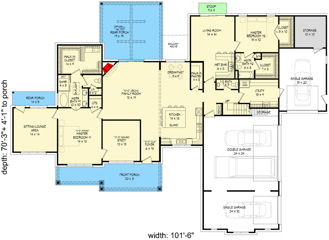 Plan 68872VR: Rugged Craftsman Home Plan with Two Master Suites and a 4-Car Garage - 4081 Sq Ft - Floor Plan - Main Level - Craftsman, Mountain, Rustic
