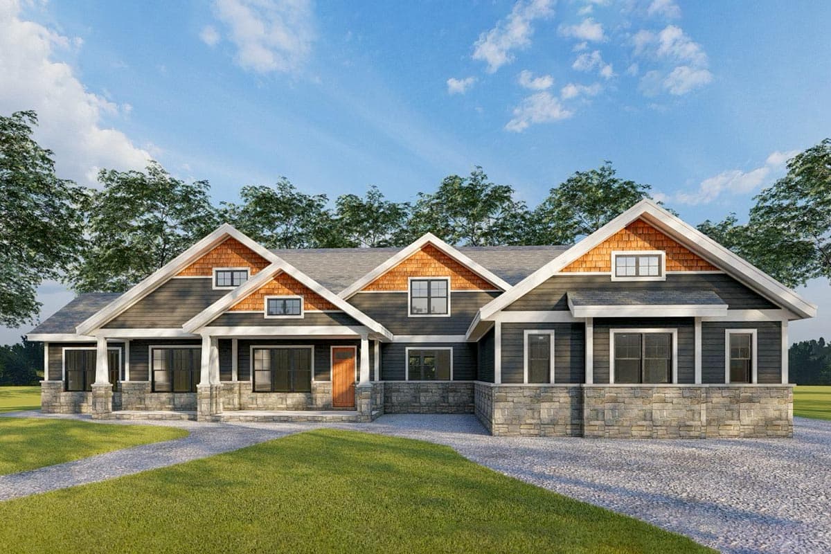 House plan exterior. Craftsman style with multiple gabled rooflines, stone facade, and a covered porch. Single story home.