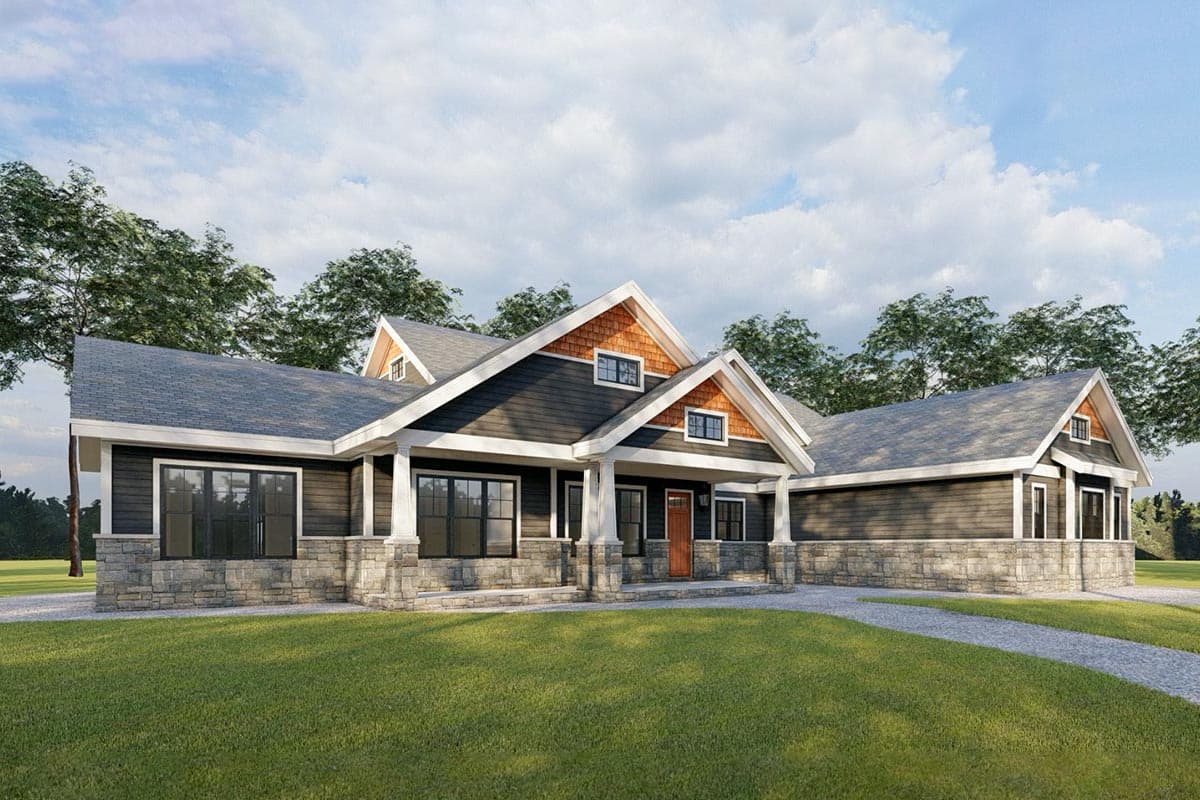 House plan exterior: Ranch style with stone base, dark siding, prominent gables, and a covered front porch supported by square columns.
