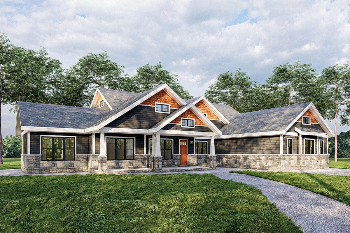 Craftsman house plan exterior, one story, with stone base, prominent gables, and covered front porch.
