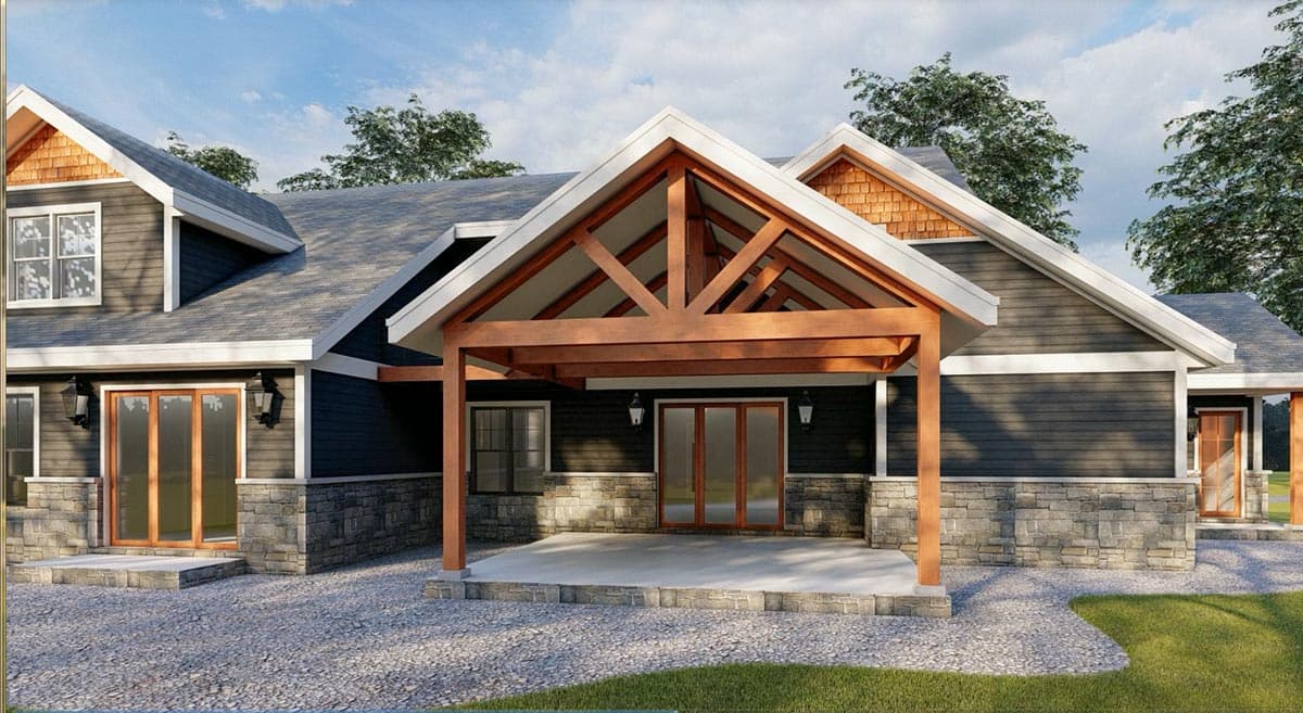 House plan exterior with a covered timber-framed entry, stone accents, dark siding, and gabled dormers.