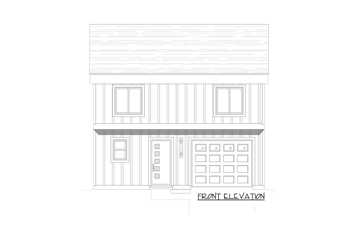 Front elevation drawing of a two-story house plan with vertical siding, a central entry door, and an attached garage.