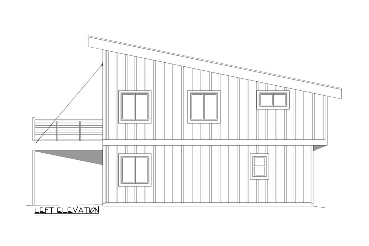 Left elevation drawing of a two-story house plan with a sloped roof, siding, multiple windows, and a deck.