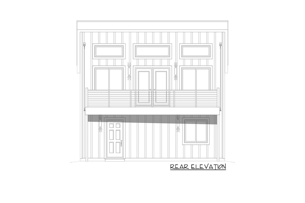 Rear elevation drawing of a two-story house plan with a balcony, double doors, and a single door entry.