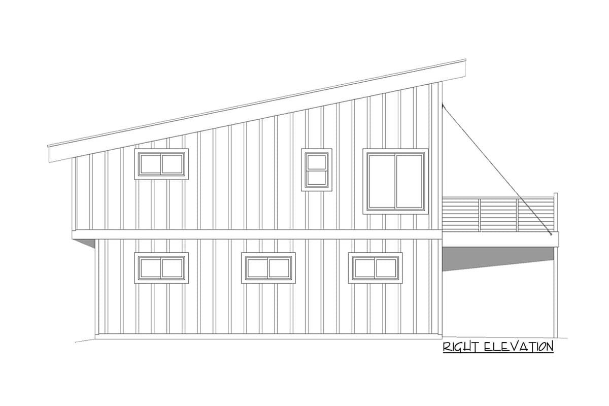 House plan right elevation showing a two-story building with a sloped roof, horizontal siding, and a balcony.