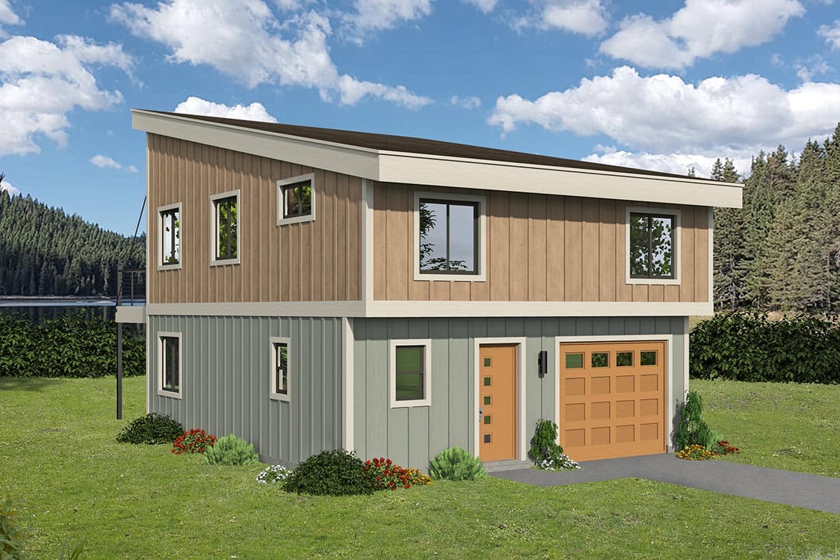 House plan exterior with two stories and a modern style. Features include a flat roof, vertical siding, and a single-car garage.